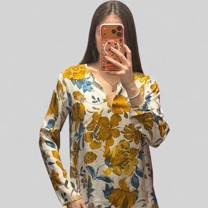 Floral V-Neck Blouse - Yellow and Blue